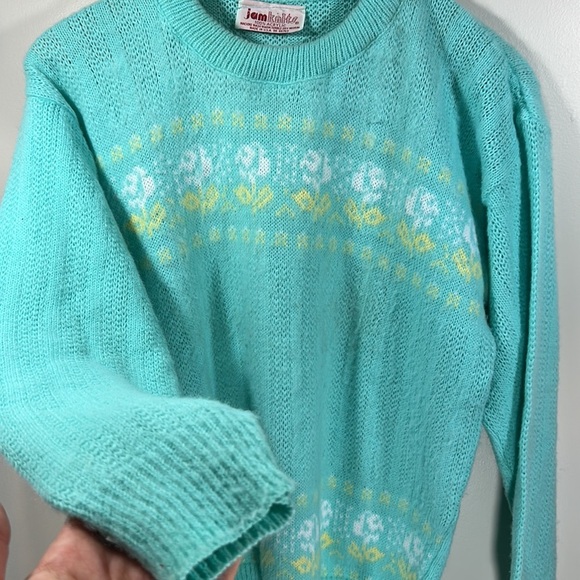 Sweat Jamknits 80's Vintage Aqua &Yellow Sweater Jumper pullover Crewneck spring - Picture 3 of 4